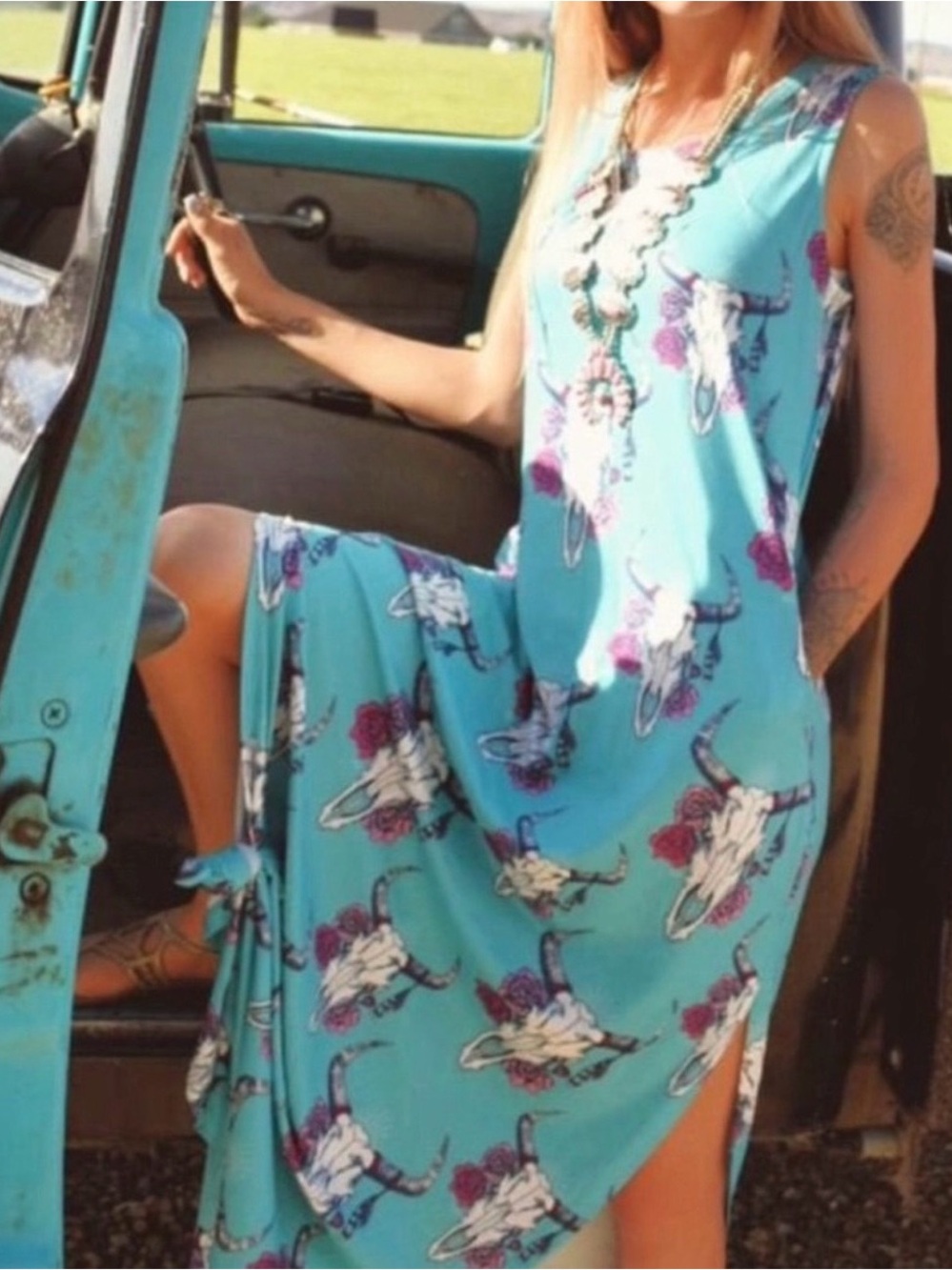 Western Boho Turquoise Floral Skull Maxi Dress - Women's
